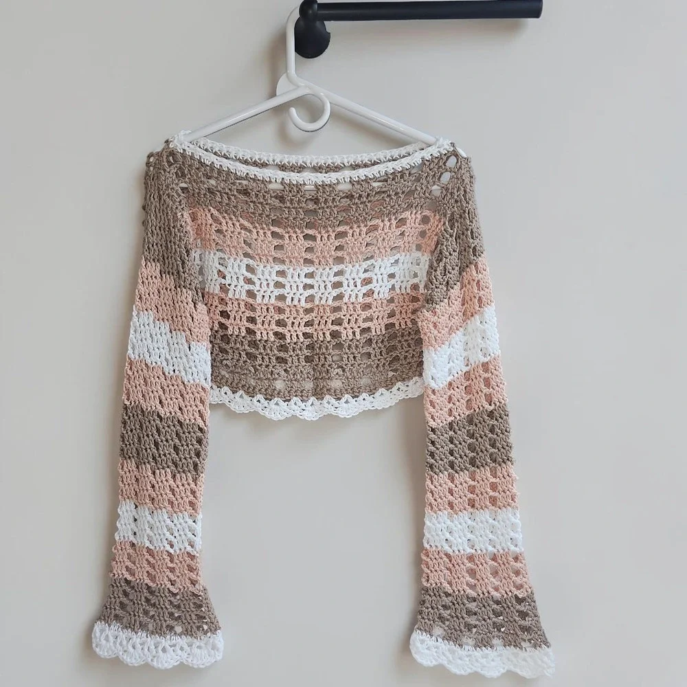 Handmade Crochet Boat Neck Bell Sleeve Crop Top | Festival Fairy Boho Mesh Top